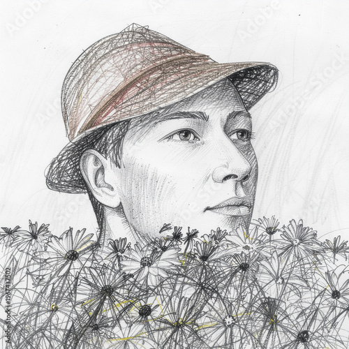 ink‑woven portrait emerging from a field of blooming lines, blending quiet introspection with intricate botanical storytelling