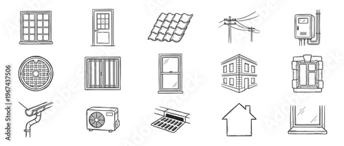 Collection of hand-drawn black and white line art illustrations depicting various architectural and utility elements for buildings