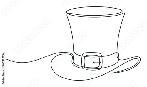 Black continuous line drawing of a leprechaun hat with a buckle, presented in a minimalist style