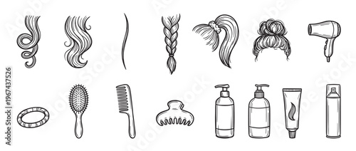 Collection of hand-drawn hair care items and hairstyles, including brushes, combs, hair ties, and various hair products
