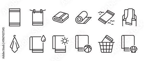 Collection of various towel outline icons depicting different uses and states, presented in a clean, minimalist style