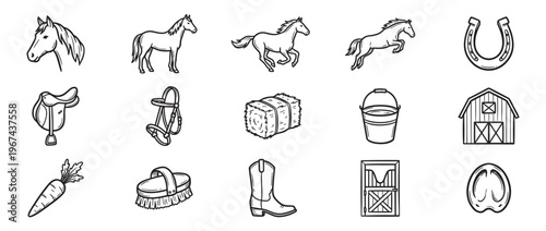 Collection of hand-drawn equestrian icons including horses, a saddle, bridle, horseshoe, barn, and other related items