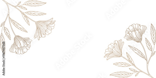 Golden floral line frame vector, luxury leaf border illustration with vintage botanical elements for wedding elegant cards and royal garden design.