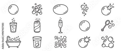 Collection of various line art icons depicting different types of bubbles and effervescence in a clean, graphic style