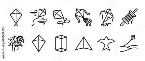Collection of twelve black outline kite icons in various shapes and styles, including a kite caught in a tree and a spool of string, presented in a clean, minimalist vector illustration