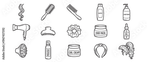 Various hand-drawn line art hair care products and styling tools are neatly arranged in a clean, graphic illustration