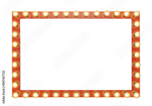 Rectangular vanity mirror frame decorated with a series of glowing incandescent light bulbs around