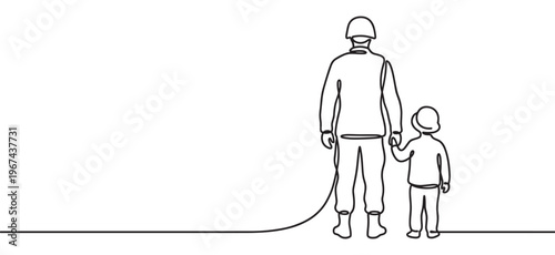 Continuous line drawing of a soldier in uniform holding a child's hand, symbolizing family support and military life