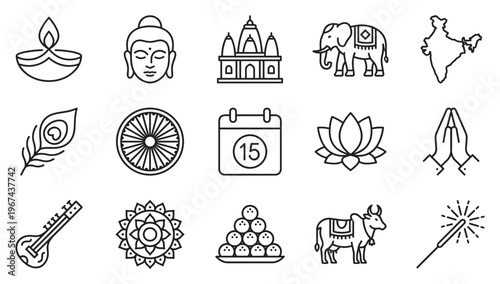 Collection of fifteen detailed black outline icons representing various Indian cultural and religious symbols, presented in a clean, modern style