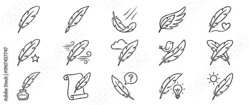 Collection of fifteen hand-drawn black outline feather icons with various symbolic elements and styles, presented in a clean, illustrative manner