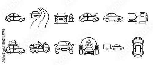 Collection of various outline car icons depicting different scenarios like driving, repair, and service, presented in a clean, modern style