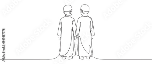 Two young Muslim boys wearing traditional thobes and kufis, seen from behind, holding hands in a continuous line art drawing