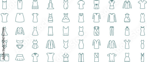 50 Modern Women's Fashion and Apparel Line Icon Set Featuring Dresses Tops and Summer Clothing Vector Symbols