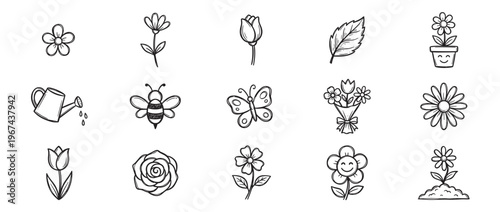 Collection of hand-drawn spring and gardening themed doodle icons, including flowers, insects, and watering can, with a cheerful, simple style