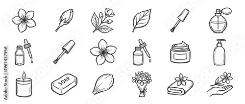 Collection of hand-drawn black and white beauty and floral icons, including flowers, leaves, cosmetics, and spa items