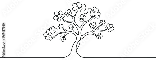 Beautiful minimalist continuous line art drawing of a blossoming tree with curly leaves, symbolizing growth and nature