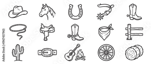 Collection of hand-drawn black and white cowboy and western-themed icons, including a hat, horse, horseshoe, and boot