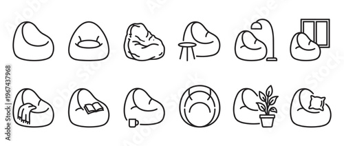 Collection of twelve simple black outline bean bag chair icons, each with unique details and accessories