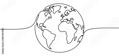 Continuous line drawing of the Earth globe with continents clearly visible, rendered in a minimalist black and white style