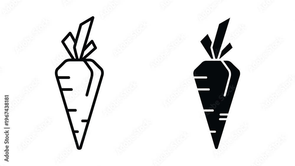 Fototapeta premium Contrasting black and white illustration of two stylized carrots with green tops