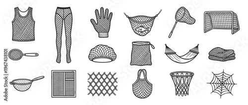 Collection of various mesh and net objects, including clothing, bags, sports equipment, and natural elements, in a hand-drawn doodle style