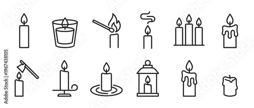 Various black outline candle icons with flames, wax, and related elements like matches and lanterns, presented in a clean graphic style