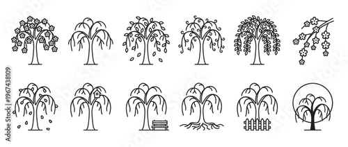 Collection of various stylized weeping willow tree line art icons in different seasonal and decorative forms