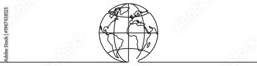 Simple black line art drawing of the Earth globe with continents and grid lines, emerging from a continuous horizontal line
