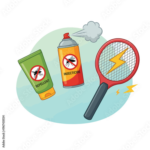 Mosquito Control Tools Set – Repellent, Insecticide and Electric Swatter Illustration.
Anti Mosquito Protection Equipment – Repellent Cream, Spray and Electric Racket.