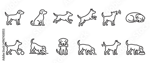 Collection of simple black outline dog icons illustrating various actions and poses in a clean, minimalist style