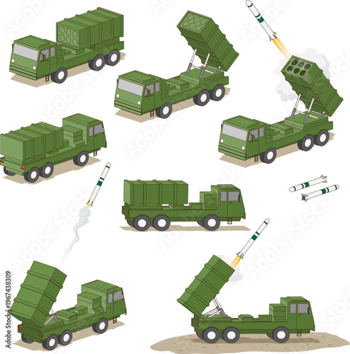 A set of isometric missile trucks is shown from transport to launch, with raised launchers and missiles mid‑flight, illustrating the mobile system’s full firing process.