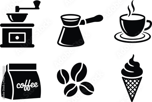 Coffee icons set including grinder, pot, cup, beans, and bag representing brewing process and cafe culture essentials