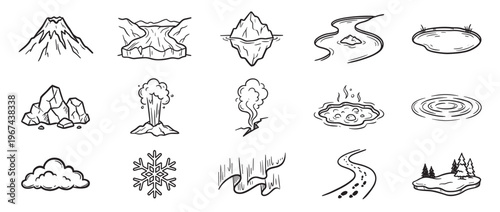 Collection of hand-drawn black and white doodle icons depicting various natural phenomena and landscape elements in a simple style