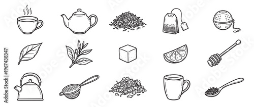 Collection of hand-drawn tea elements, including cups, teapots, leaves, and accessories, rendered in a clean black and white outline style