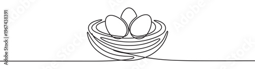Simple continuous line drawing of a bird's nest with three eggs, rendered in a minimalist artistic style