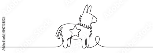 Black continuous line drawing of a donkey piñata with a star on its side, presented in a minimalist style