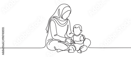 Muslim mother wearing a hijab sits on the floor with her baby in a continuous line art style