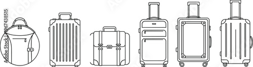 Luggage icons, travel bags symbols, suitcase graphics, briefcase outline, duffel illustration, baggage elements, tourism design, vacation vector, journey concept, trip accessory art