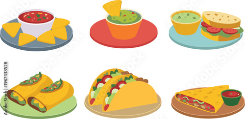 Set of Mexican street food dishes including tacos, quesadillas, nachos, and dips representing flavorful cuisine and casual dining