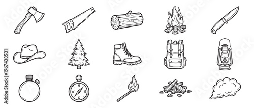 Collection of hand-drawn outdoor adventure and camping items, including an axe, saw, log, campfire, knife, hat, tree, boot, backpack, lantern, canteen, compass, match, firewood, and smoke,