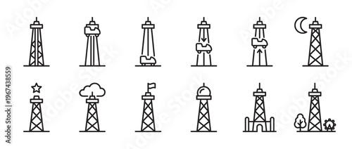 Collection of twelve distinct line art icons depicting various amusement park drop towers and related structures