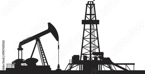 Black silhouettes of oil rig and pumpjack illustrating fossil fuel industry, drilling operations, and global energy resources production