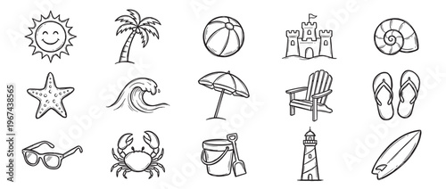 Collection of hand-drawn black and white summer and beach-themed doodle icons, featuring various vacation elements