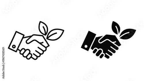 Handshake icons with a plant symbolizing partnership and growth in business or sustainability