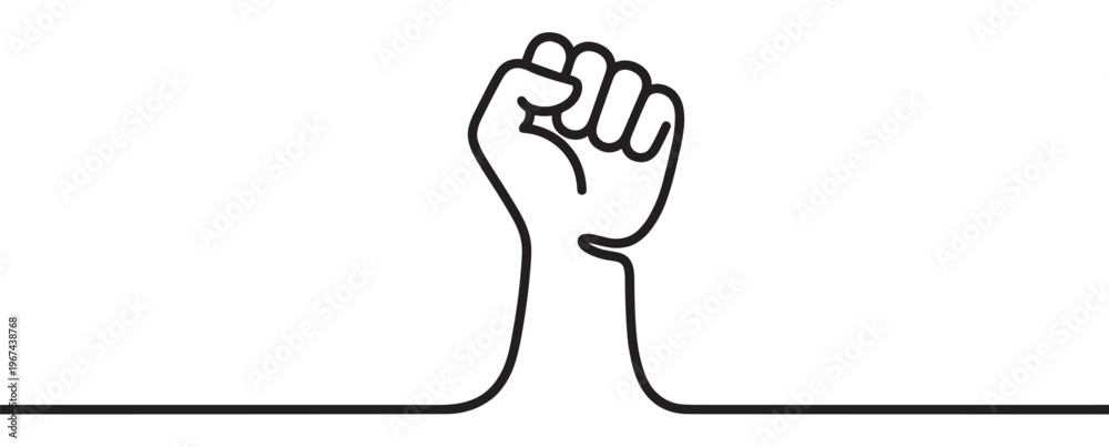 Obraz premium Single black line drawing of a raised fist symbolizing power and unity on a clean white surface
