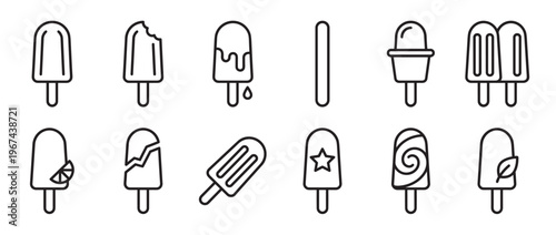 Collection of various black outline popsicle icons on sticks, depicting different shapes, conditions, and details