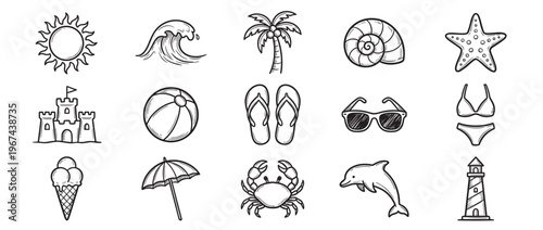 Collection of fifteen hand-drawn black and white summer and beach themed doodle icons, featuring various vacation elements