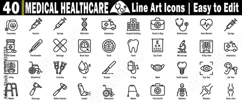 Healthcare medical line icons. Collection with pacemaker vaccine syringe ambulance hospital building stethoscope heart monitor and various surgical tools vector illustration.