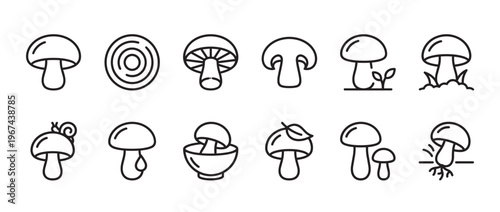 Collection of various simple black outline mushroom icons displayed in a clean, organized grid