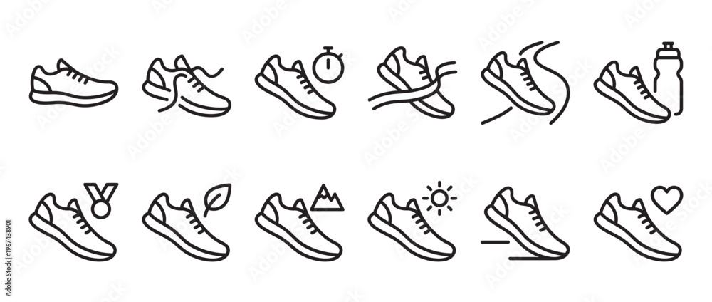 Obraz premium Collection of black outline running shoe icons representing various aspects of fitness and outdoor activities